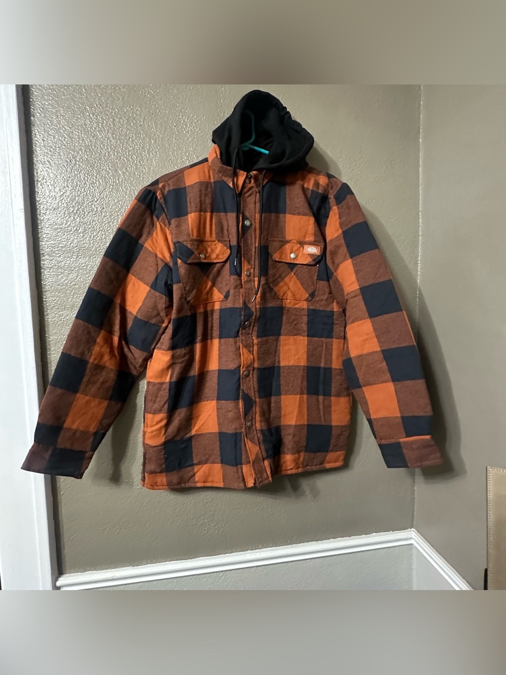 Dickies Orange and Black Plaid Hooded Shirt Jacket NWOT Medium